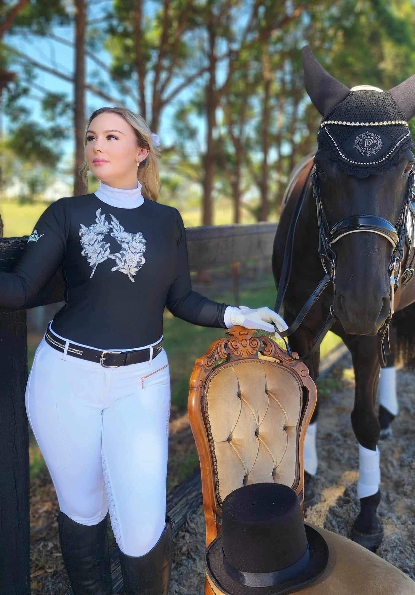 Long Sleeve Competition Shirt in BLACK or GREY base  with lace applique “ Bonnie “
